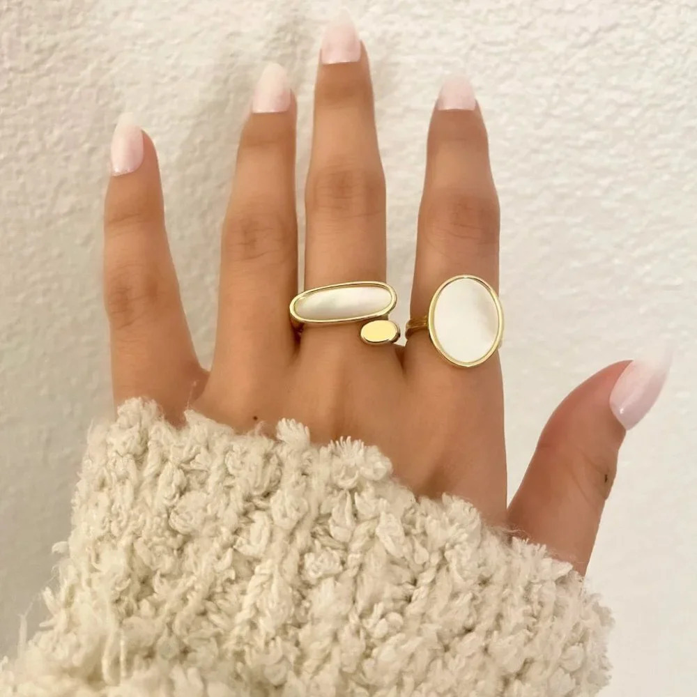 925 Sterling Silver Mother of Pearl Gold Statement Ring Chunky Bold Ring - Picture 6 of 6